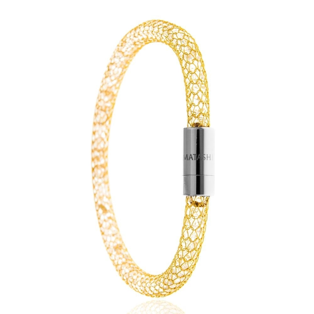 7" 18K Gold Plated Mesh Bangle Bracelet with Magnetic Clasp and fine Crystals by Matashi Image 2