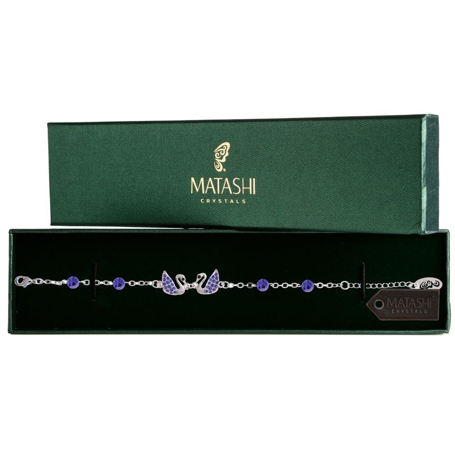 Rhodium Plated Bracelet with Loving Swans Design with Lobster Clasp and fine Purple Crystals by Matashi Image 1