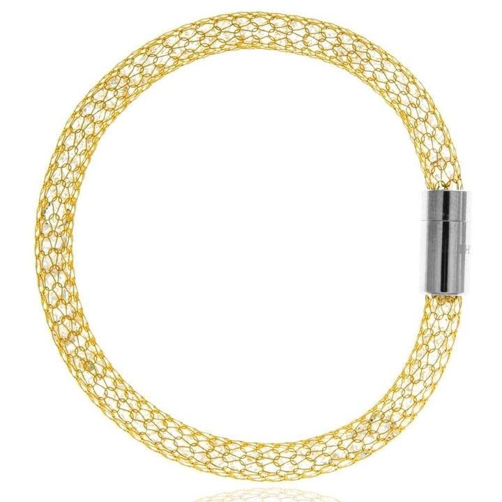 7" 18K Gold Plated Mesh Bangle Bracelet with Magnetic Clasp and fine Crystals by Matashi Image 3