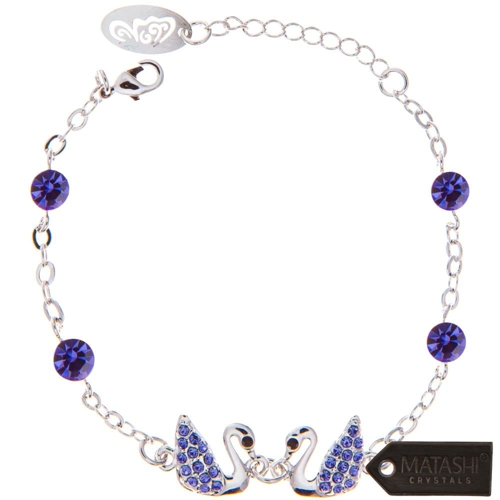 Rhodium Plated Bracelet with Loving Swans Design with Lobster Clasp and fine Purple Crystals by Matashi Image 3