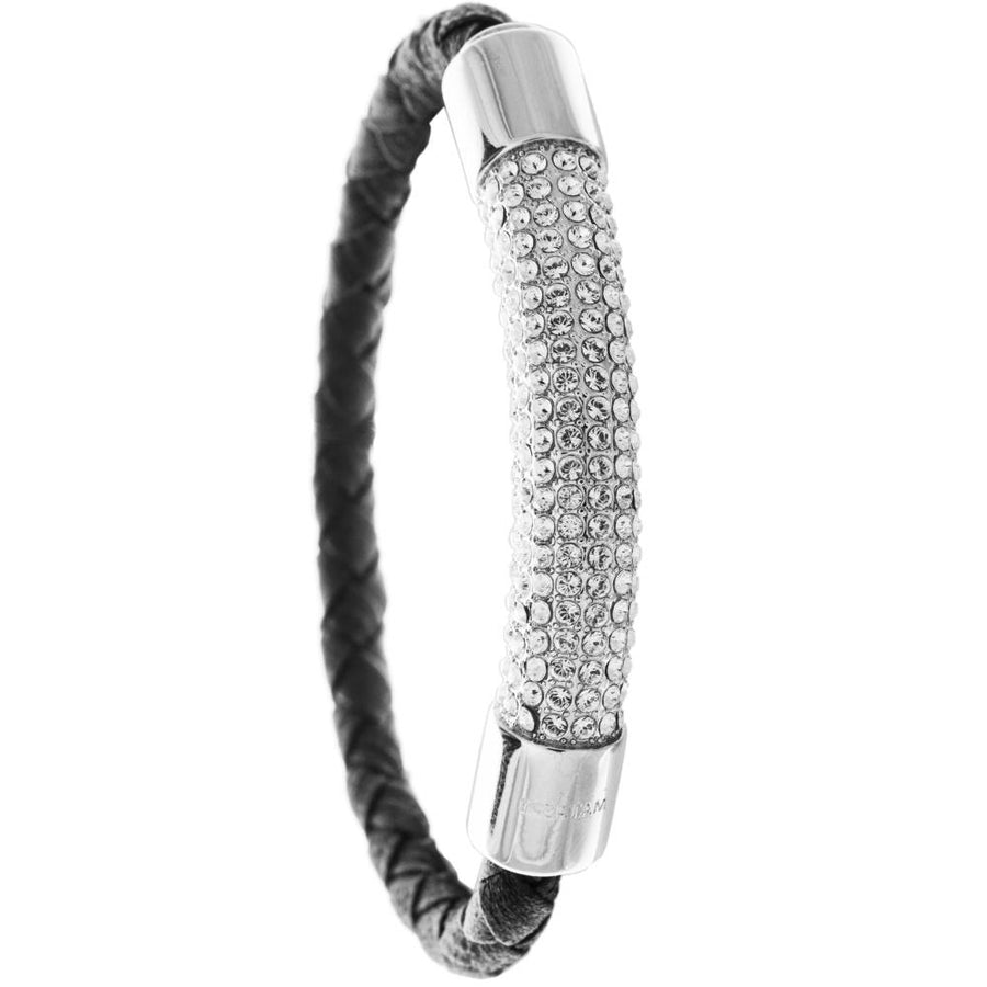 18K White Gold Plated Bracelet with a Glittering Crystals Designed Segment on a Black Corded Band with a Magnetic Clasp Image 1