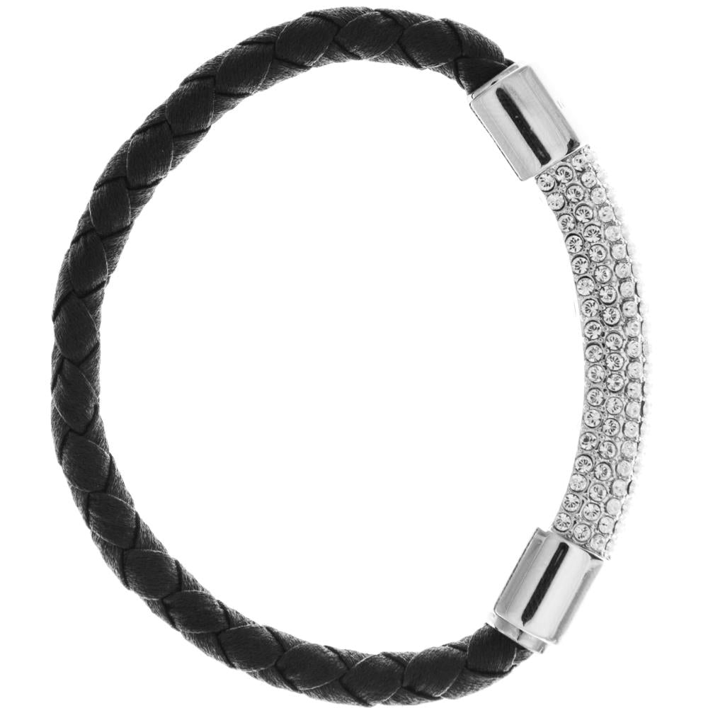 18K White Gold Plated Bracelet with a Glittering Crystals Designed Segment on a Black Corded Band with a Magnetic Clasp Image 2