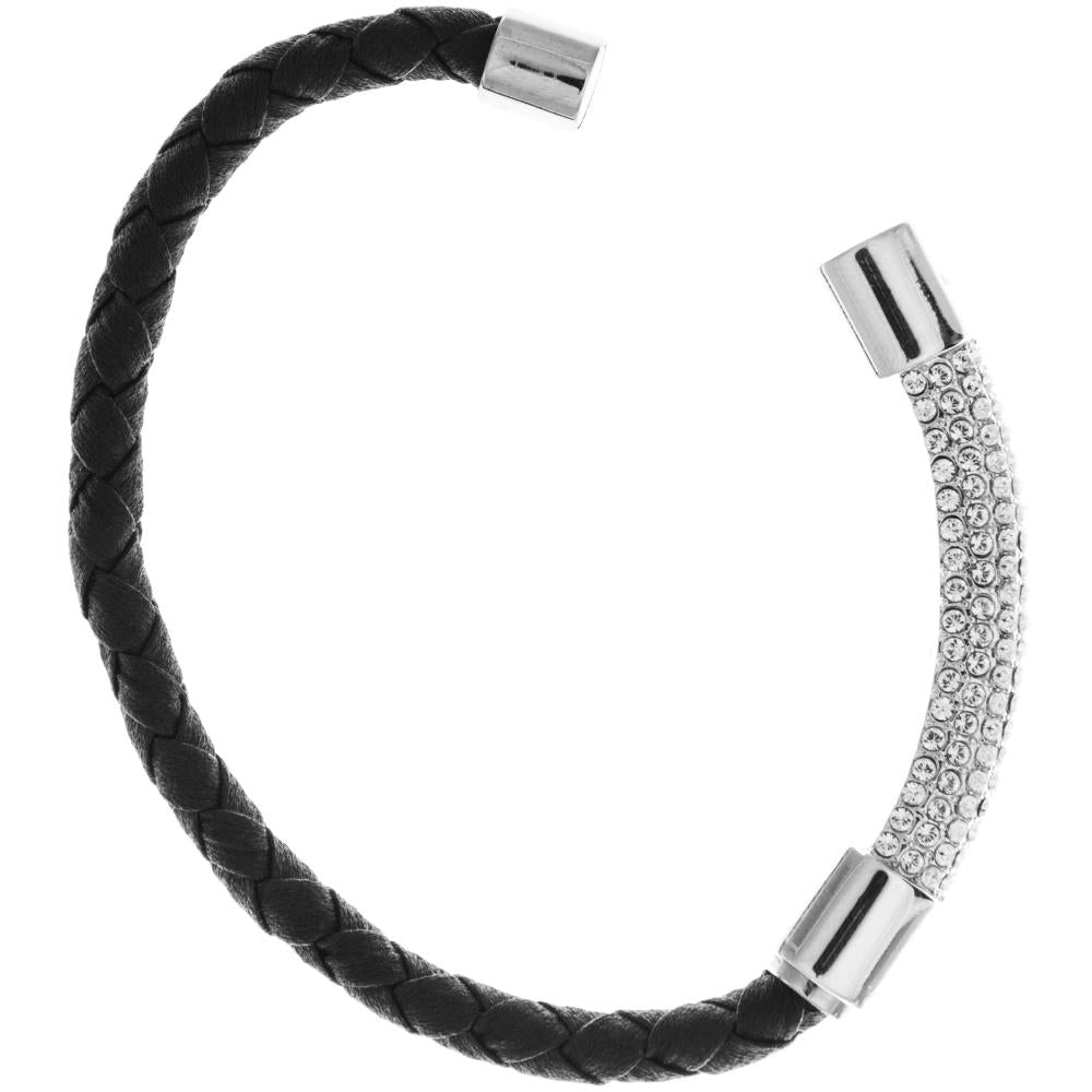 18K White Gold Plated Bracelet with a Glittering Crystals Designed Segment on a Black Corded Band with a Magnetic Clasp Image 3