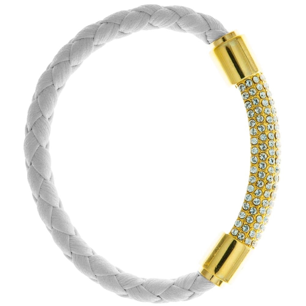 18K Gold Plated Bracelet with a Glittering Crystals Designed Segment on a White Corded Band with a Magnetic Clasp made Image 2