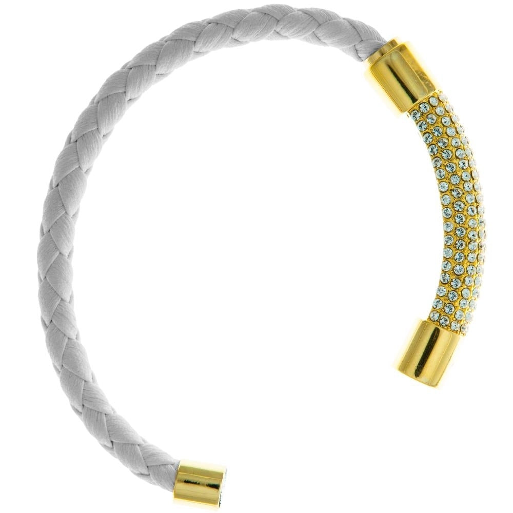 18K Gold Plated Bracelet with a Glittering Crystals Designed Segment on a White Corded Band with a Magnetic Clasp made Image 3