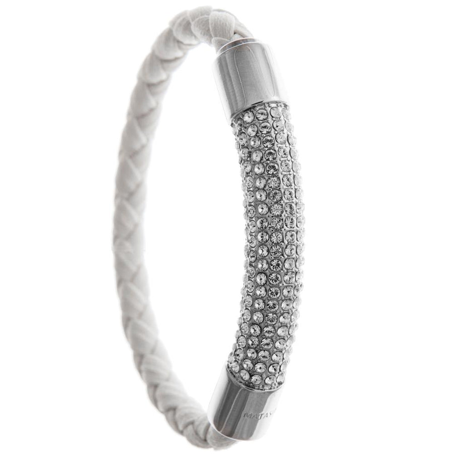 18K White Gold Plated Bracelet with a Glittering Crystals Designed Segment on a White Corded Band with a Magnetic Clasp Image 1