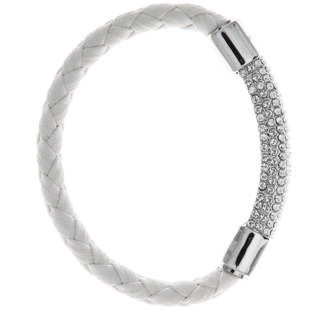 18K White Gold Plated Bracelet with a Glittering Crystals Designed Segment on a White Corded Band with a Magnetic Clasp Image 2