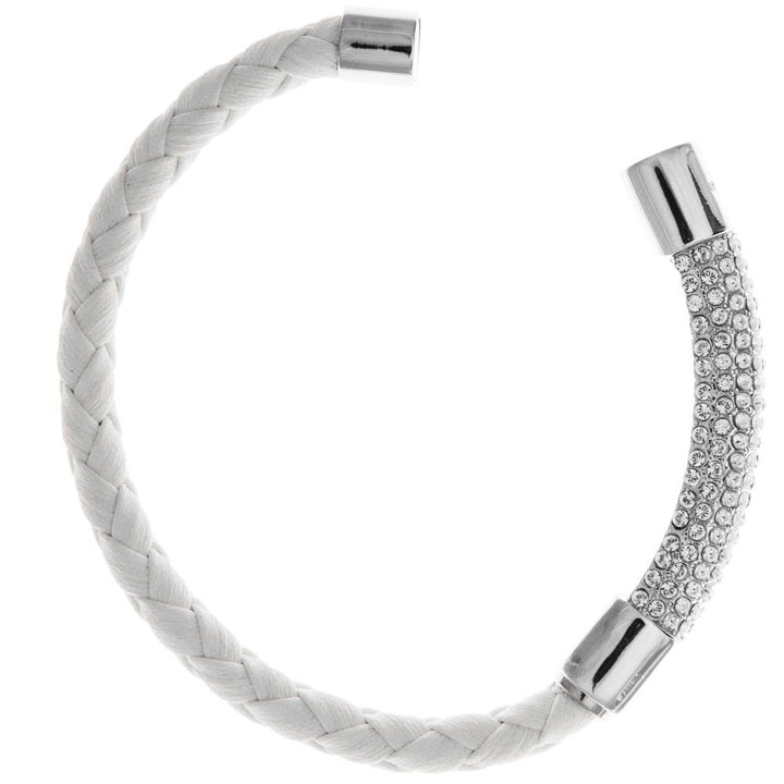 18K White Gold Plated Bracelet with a Glittering Crystals Designed Segment on a White Corded Band with a Magnetic Clasp Image 3