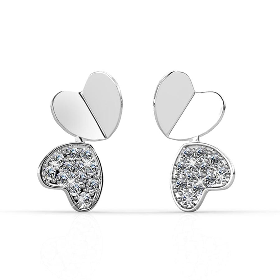18K White Gold Plated Earrings with Reflecting Double Heart Design and Encrusted with fine Crystals by Matashi Image 1