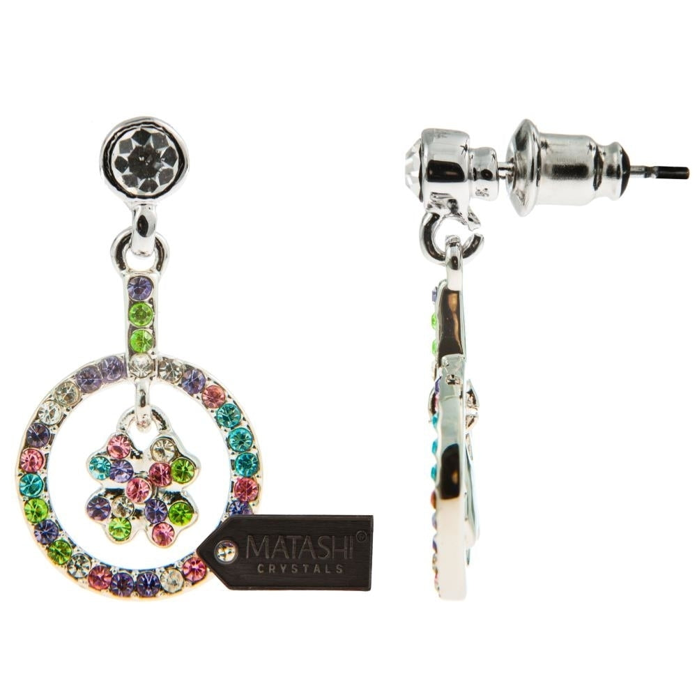 Rhodium Plated Earrings with Round Lucky Four Leaf Clover Design and fine Multi Colored Crystals by Matashi Image 2
