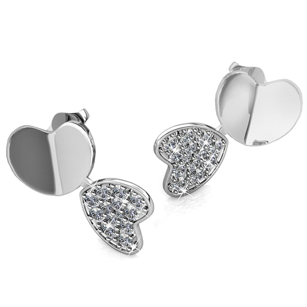 18K White Gold Plated Earrings with Reflecting Double Heart Design and Encrusted with fine Crystals by Matashi Image 2