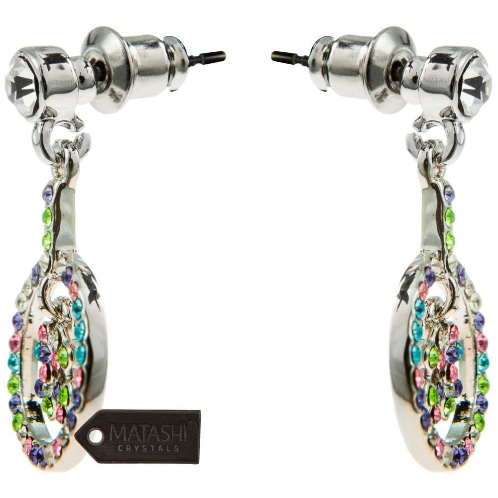Rhodium Plated Earrings with Round Lucky Four Leaf Clover Design and fine Multi Colored Crystals by Matashi Image 3