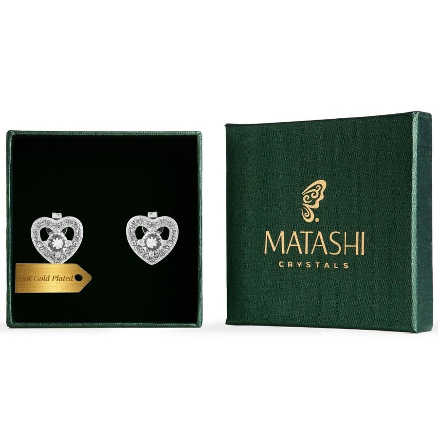 18K White Gold Plated Stud Earrings with a Crystal Centered Heart Design and fine Crystals by Matashi Image 1