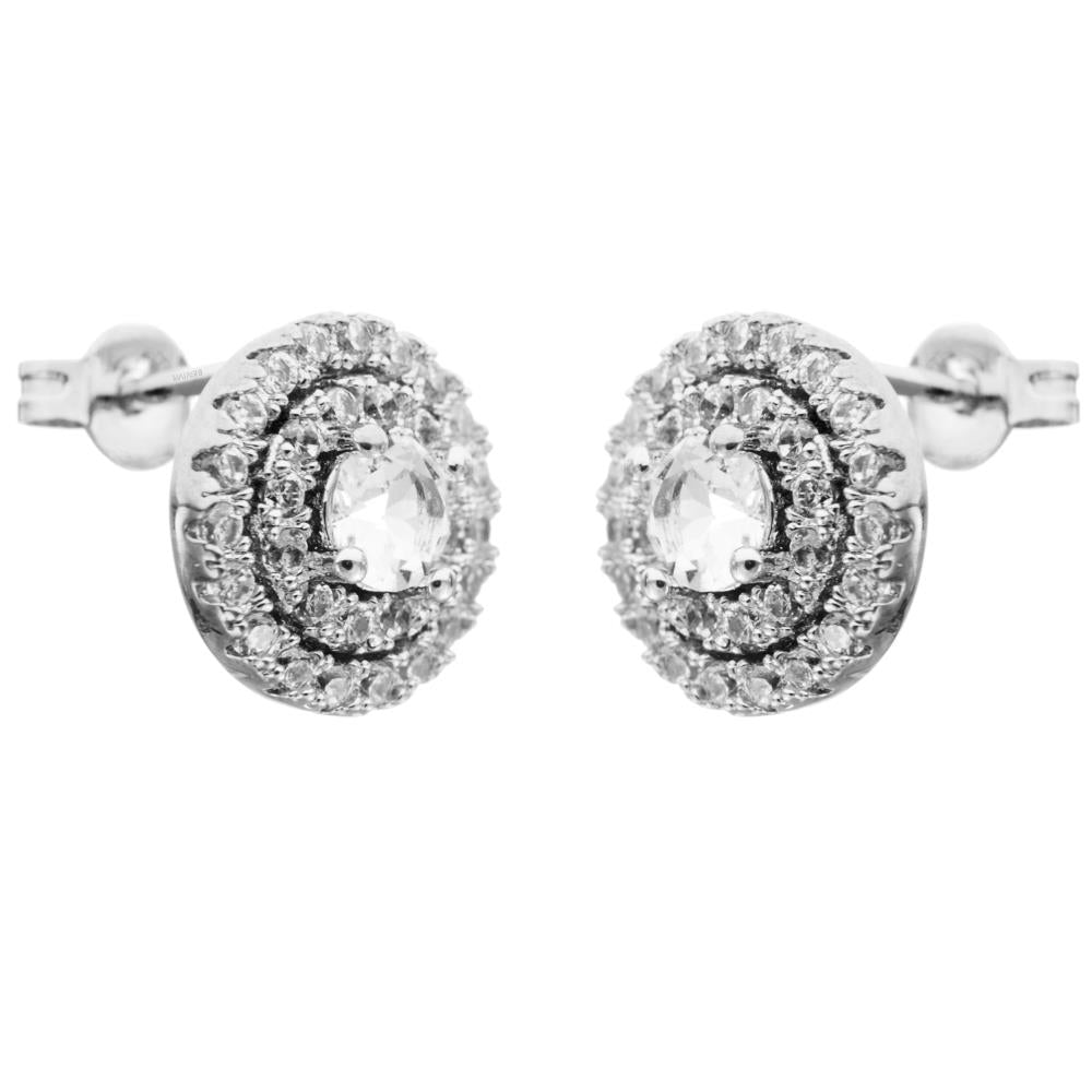 18K White Gold Plated Stud Earrings with Three Concentric Circles Design and fine Crystals by Matashi Image 1