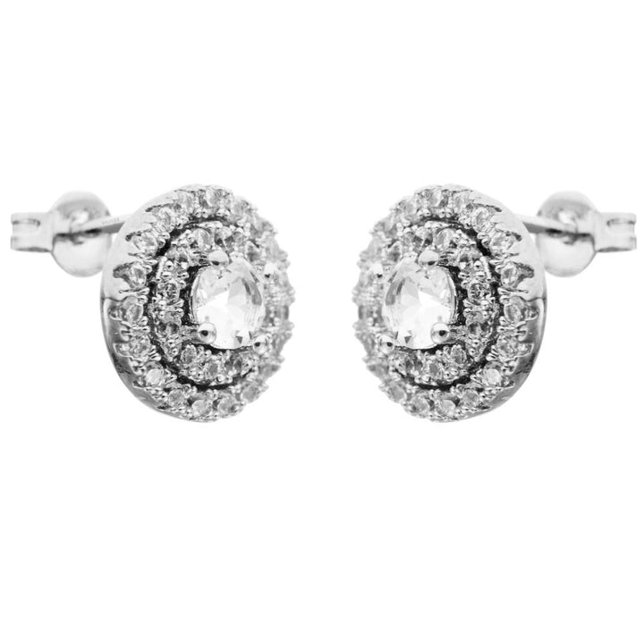18K White Gold Plated Stud Earrings with Three Concentric Circles Design and fine Crystals by Matashi Image 1