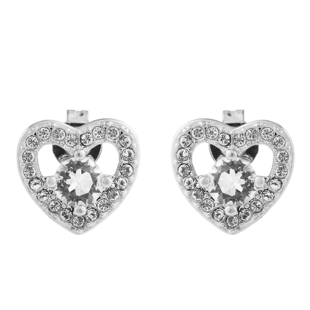 18K White Gold Plated Stud Earrings with a Crystal Centered Heart Design and fine Crystals by Matashi Image 2