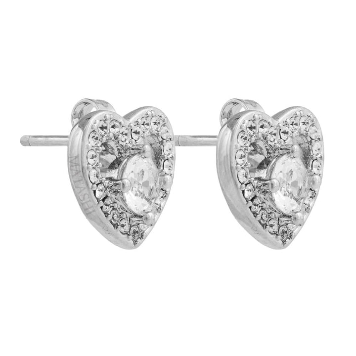 18K White Gold Plated Stud Earrings with a Crystal Centered Heart Design and fine Crystals by Matashi Image 3