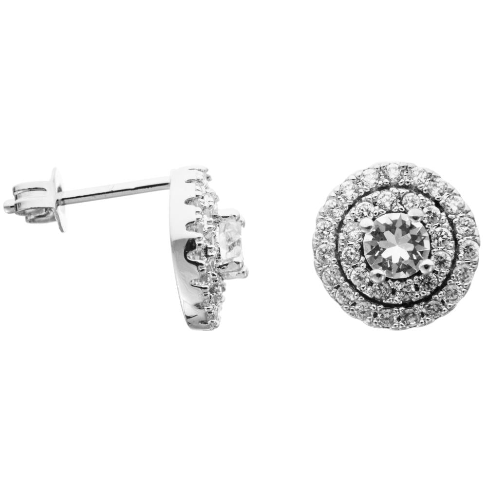 18K White Gold Plated Stud Earrings with Three Concentric Circles Design and fine Crystals by Matashi Image 2