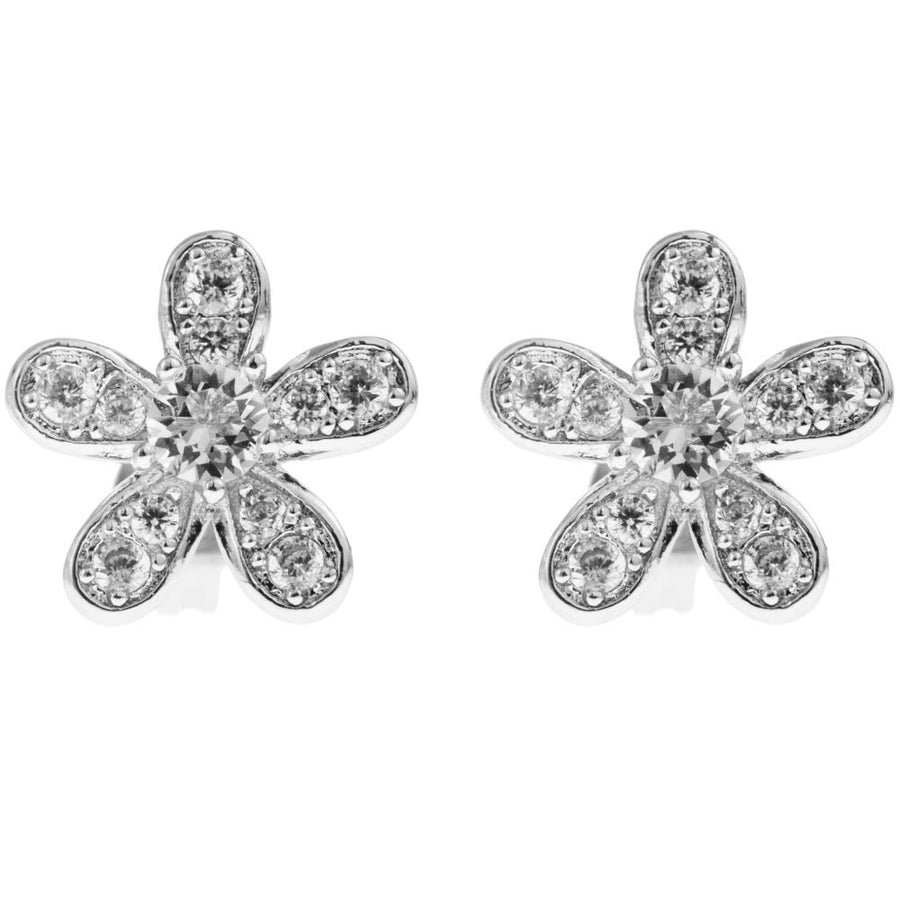18K White Gold Plated Stud Earrings with Delicate 5 Petalled Flower Design and fine Crystals by Matashi Image 1