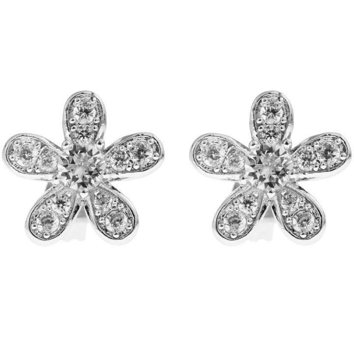 18K White Gold Plated Stud Earrings with Delicate 5 Petalled Flower Design and fine Crystals by Matashi Image 1