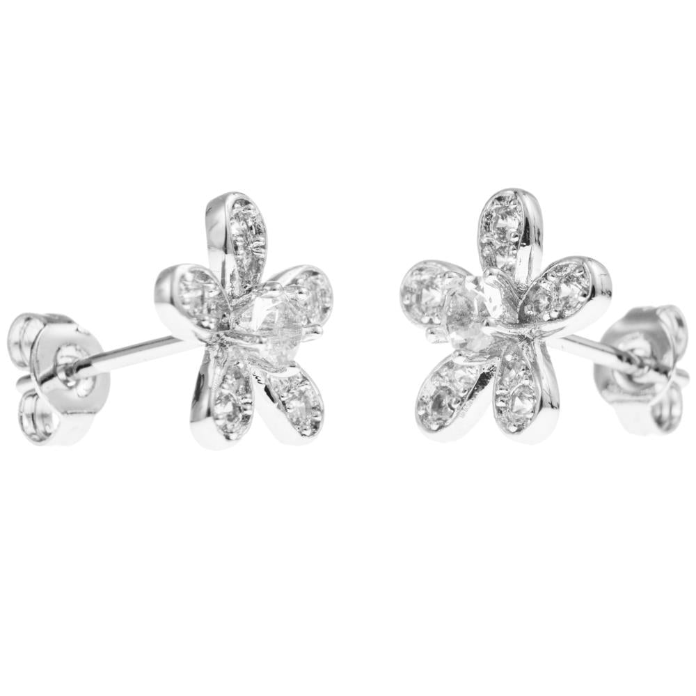 18K White Gold Plated Stud Earrings with Delicate 5 Petalled Flower Design and fine Crystals by Matashi Image 2