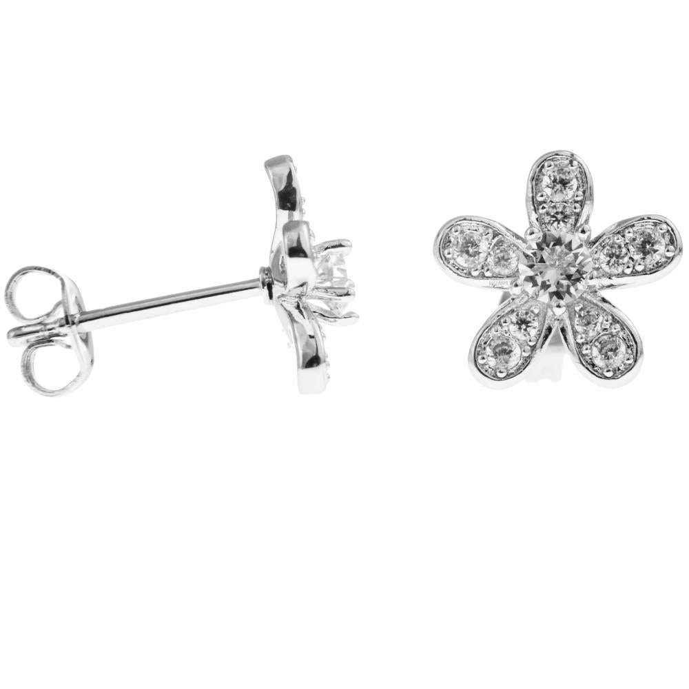 18K White Gold Plated Stud Earrings with Delicate 5 Petalled Flower Design and fine Crystals by Matashi Image 3