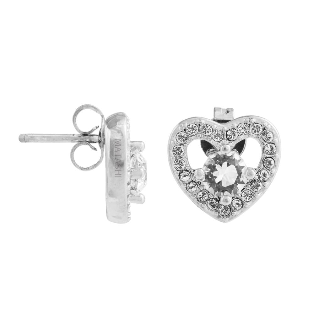 18K White Gold Plated Stud Earrings with a Crystal Centered Heart Design and fine Crystals by Matashi Image 4