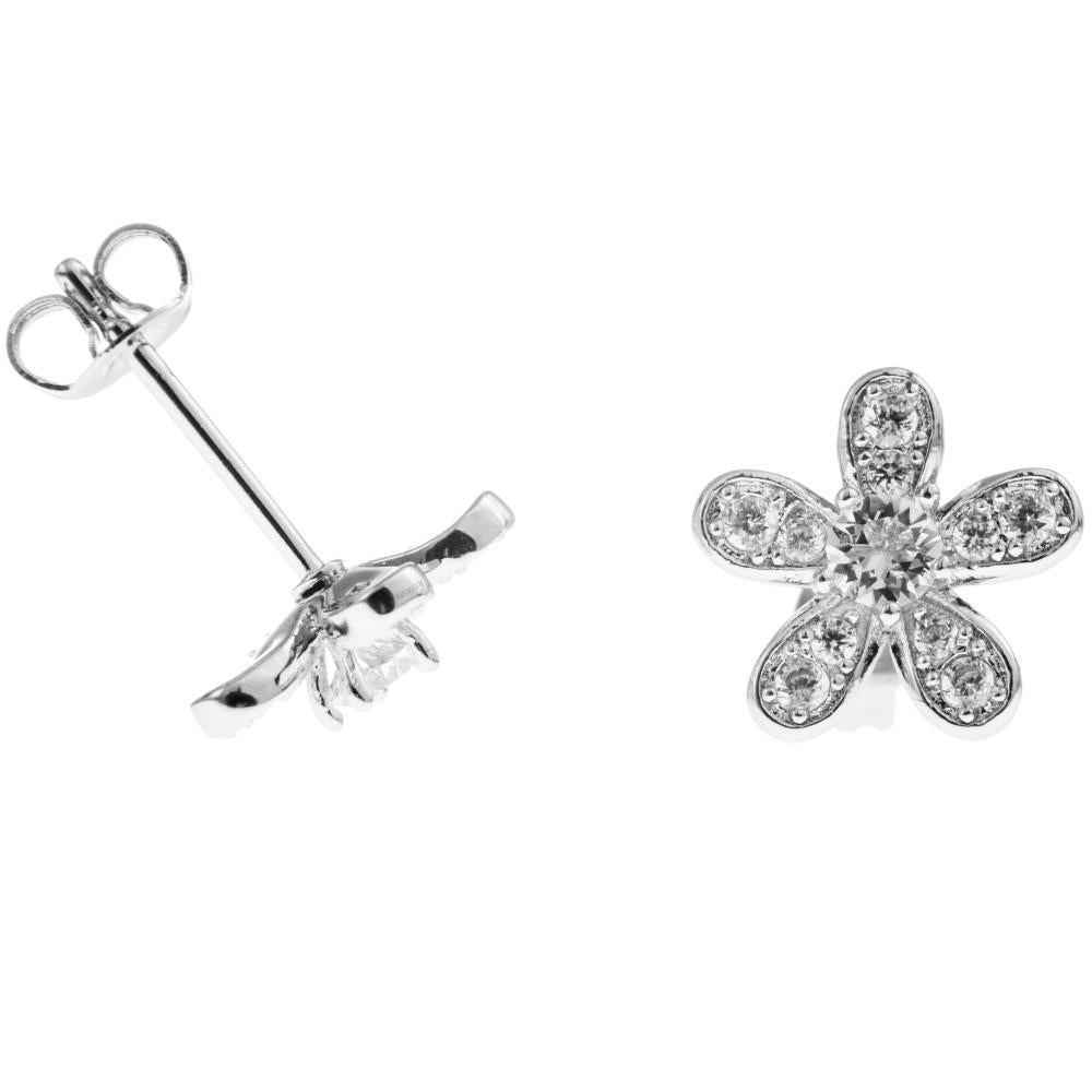 18K White Gold Plated Stud Earrings with Delicate 5 Petalled Flower Design and fine Crystals by Matashi Image 4