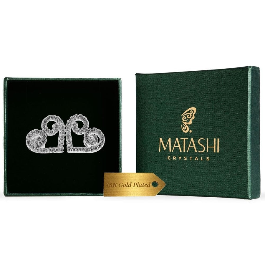 18K White Gold Plated Stud Earrings with Swirling Heart Design and fine Crystals by Matashi Image 1