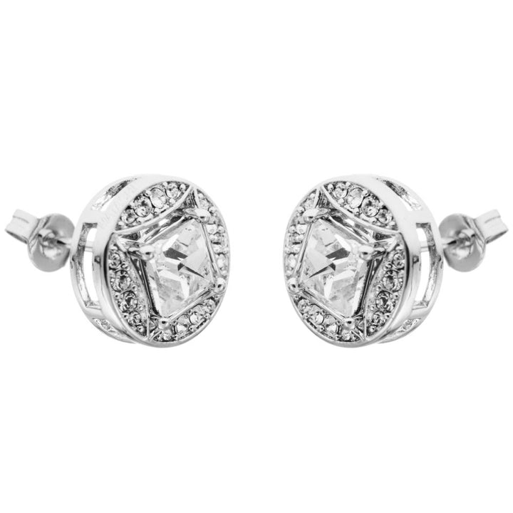 18K White Gold Plated 2-In-1 Interconnecting Stud Earrings Set with Circle or Square Design and fine Crystals by Matashi Image 1