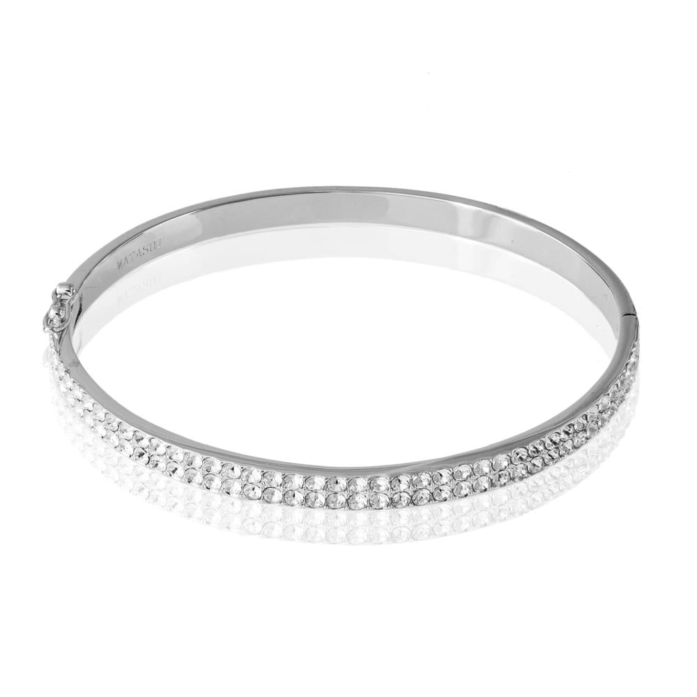 18k White Gold Plated Luxurious Cuff Bangle Bracelet with 2 Rows of Sparkling Crystal Pave Design for Women by Matashi Image 2