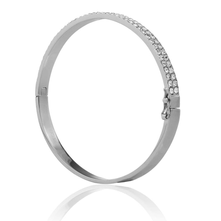 18k White Gold Plated Luxurious Cuff Bangle Bracelet with 2 Rows of Sparkling Crystal Pave Design for Women by Matashi Image 3