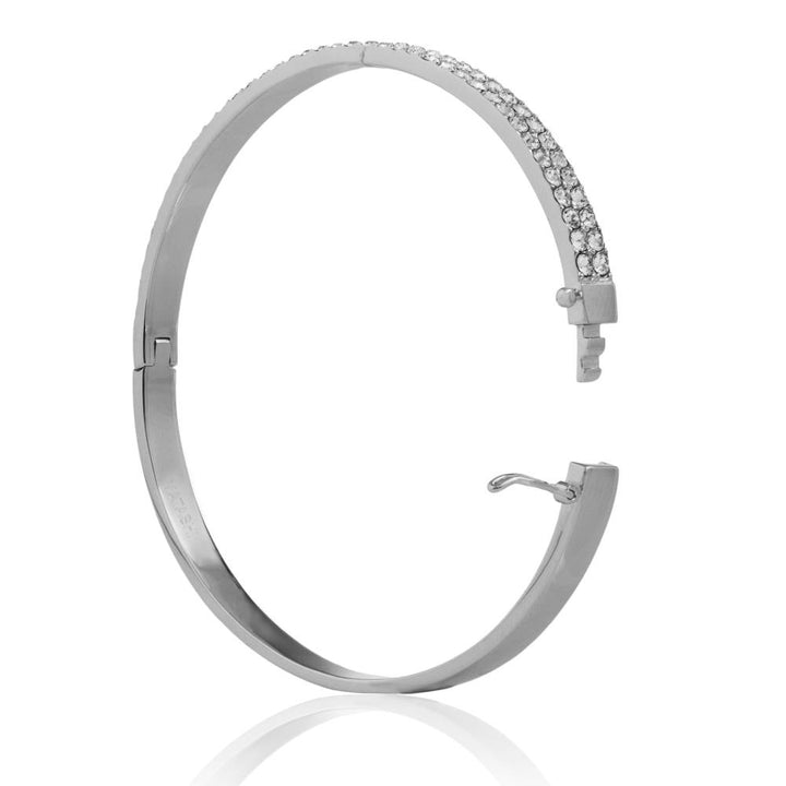 18k White Gold Plated Luxurious Cuff Bangle Bracelet with 2 Rows of Sparkling Crystal Pave Design for Women by Matashi Image 4