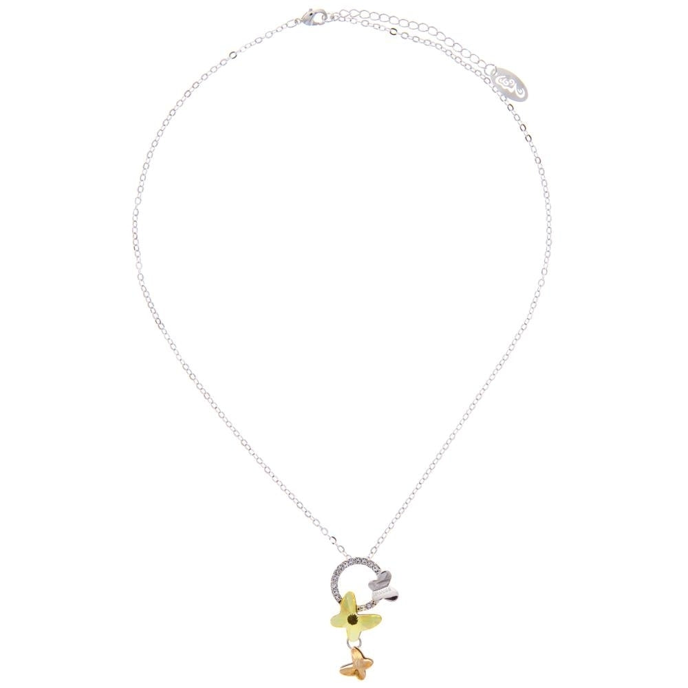 Rhodium Plated Necklace with Yellow Fluttering Butterflies Design with a 16" Extendable Chain and fine Crystals by Image 3