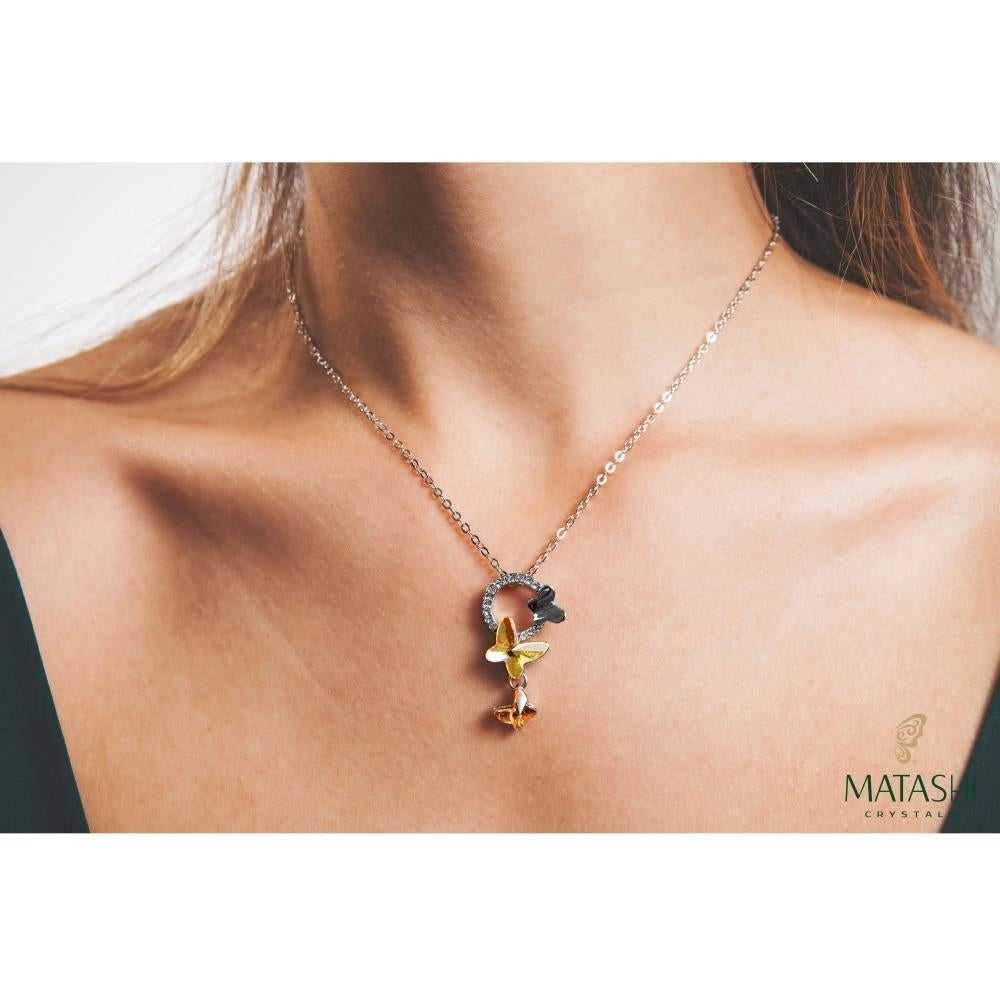 Rhodium Plated Necklace with Yellow Fluttering Butterflies Design with a 16" Extendable Chain and fine Crystals by Image 4