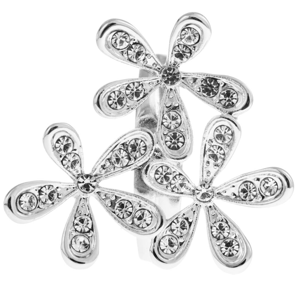 Rhodium Plated Ring with 3 Flower Bouquet Design and fine Crystals by Matashi (Size  7) Image 2