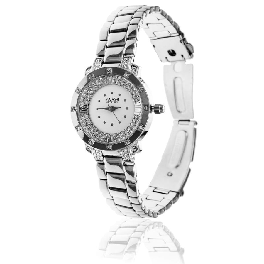 18K White Gold Plated Womans Watch with Adjustable Band Links and Encrusted with 60 fine Crystals by Matashi Image 1