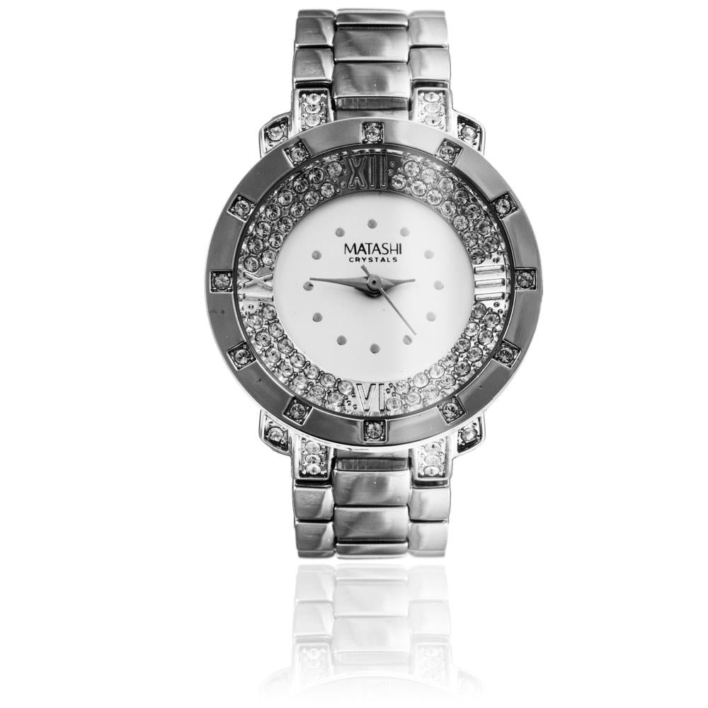 18K White Gold Plated Womans Watch with Adjustable Band Links and Encrusted with 60 fine Crystals by Matashi Image 2