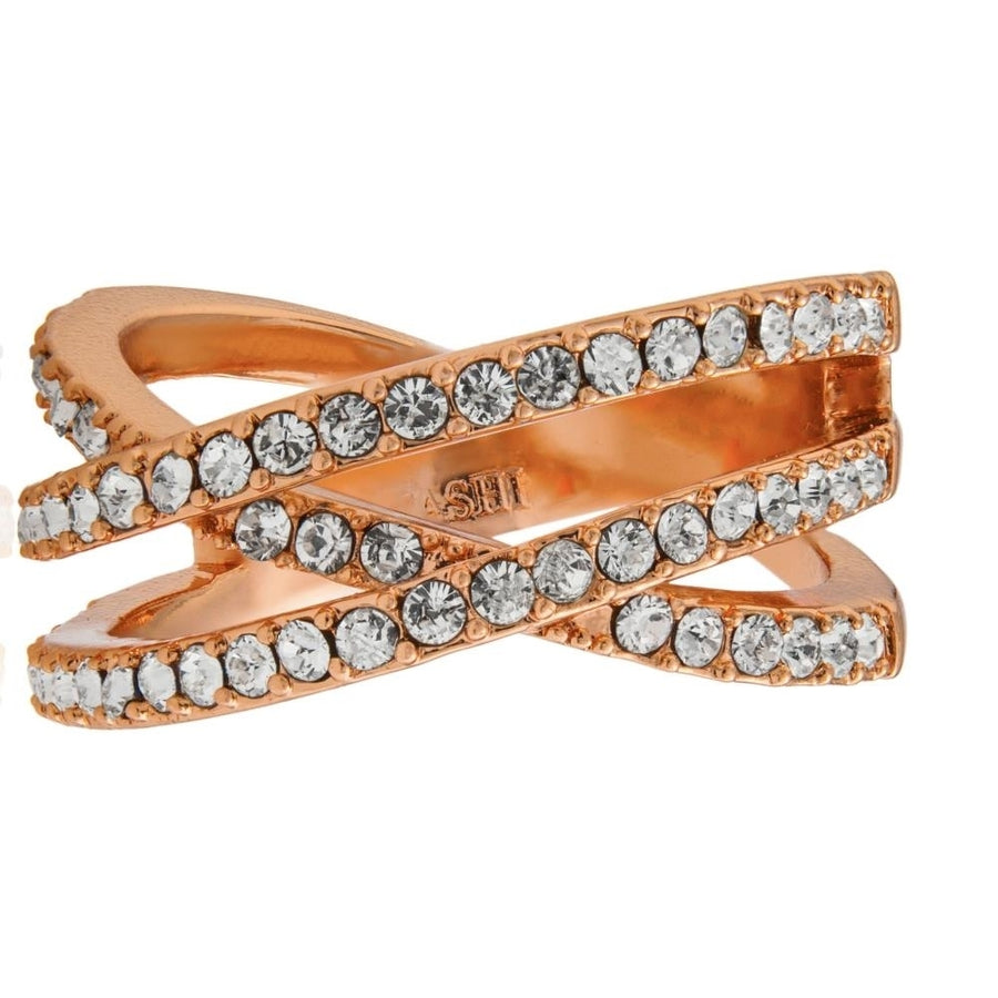 Rose Gold Plated Double Crossed Ring with Luxury Sparkling Crystals Pave Design by Matashi Size 5 Image 1