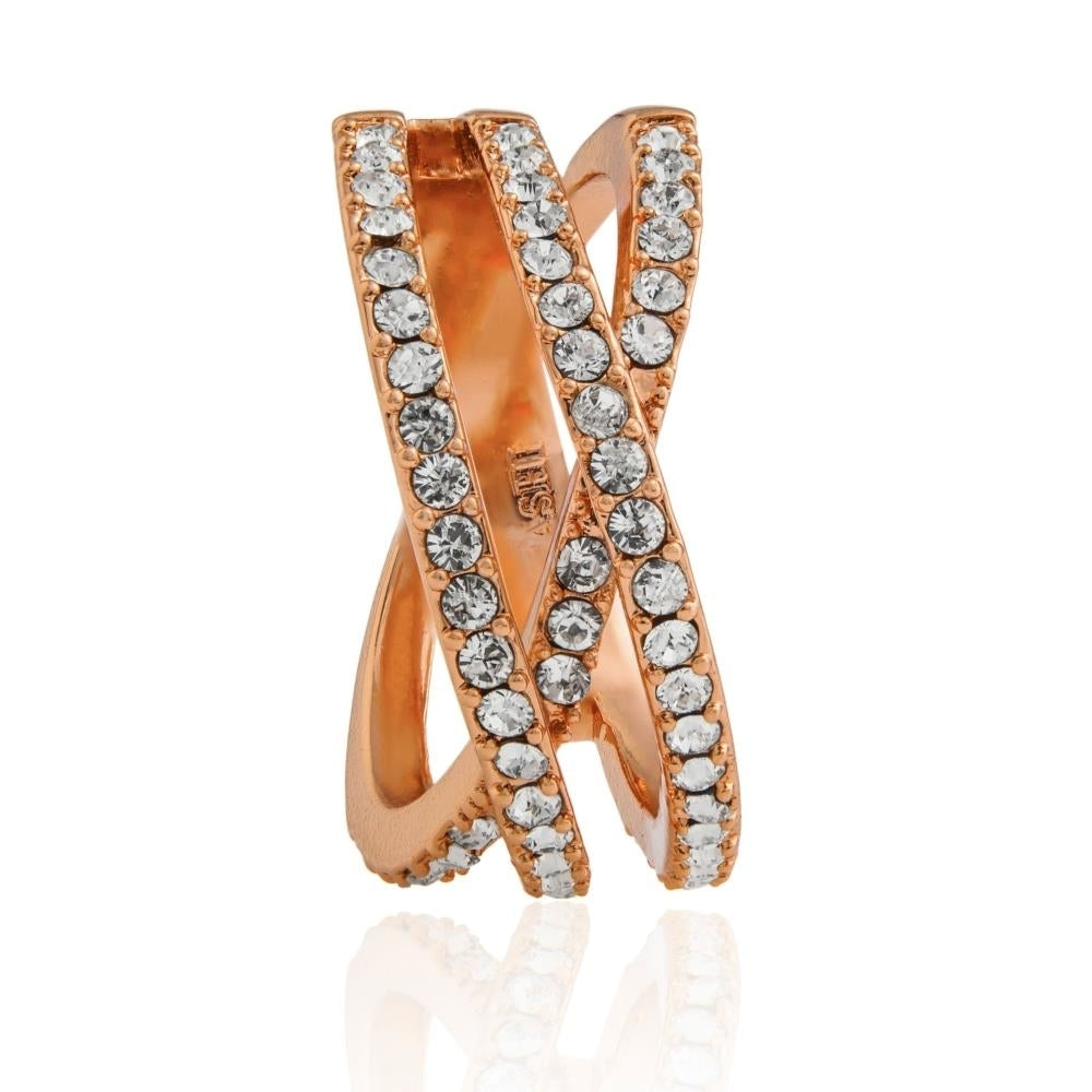 Rose Gold Plated Double Crossed Ring with Luxury Sparkling Crystals Pave Design by Matashi Size 5 Image 2