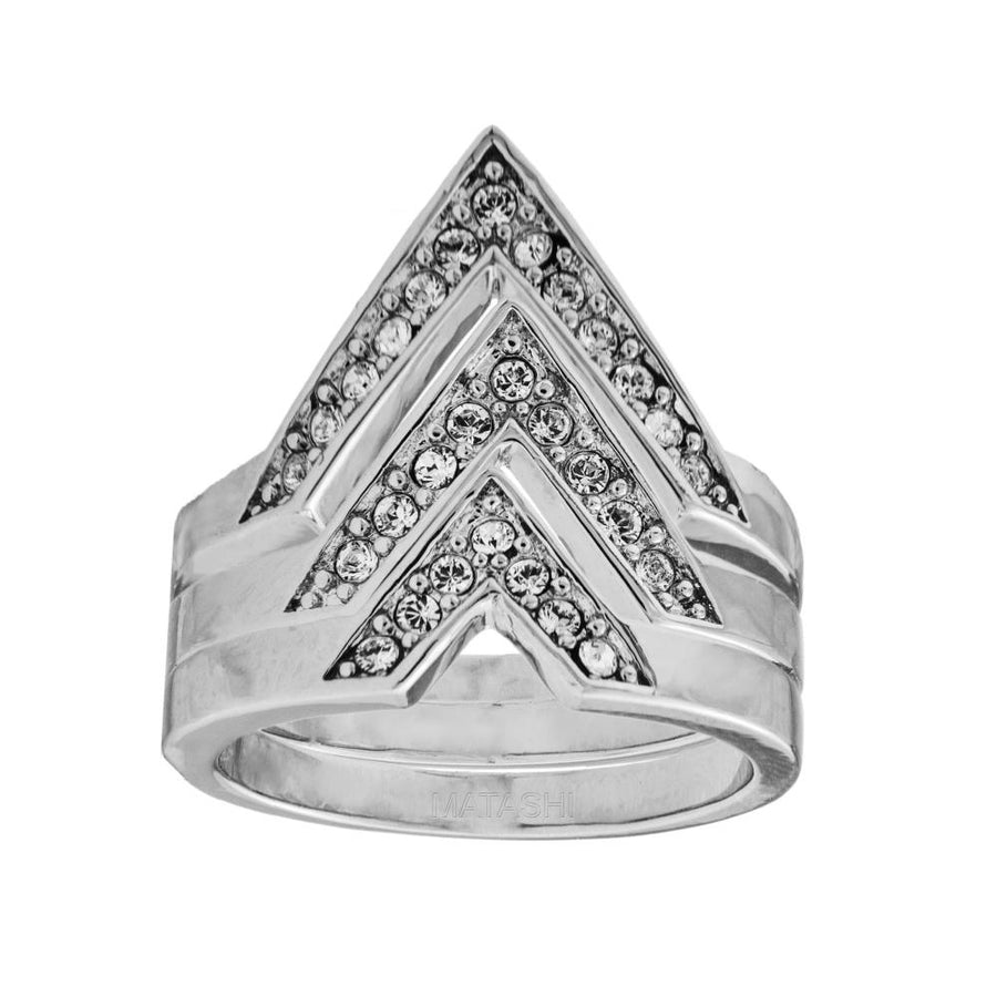 Set of 3 18k White Gold Plated Ring with Elegant Triple V Chevron Design with Sparkling Crystals by Matashi Size 6 Image 1