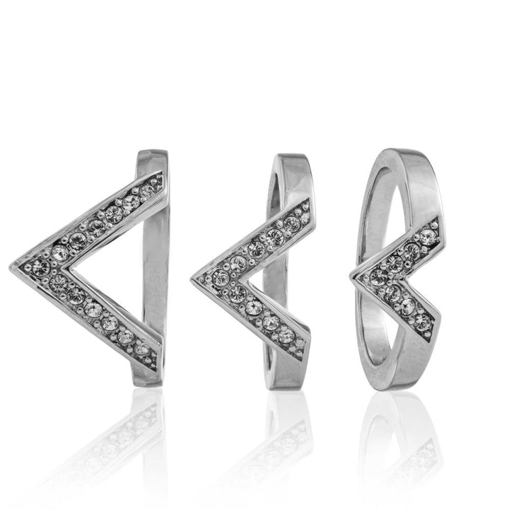 Set of 3 18k White Gold Plated Ring with Elegant Triple V Chevron Design with Sparkling Crystals by Matashi Size 6 Image 3