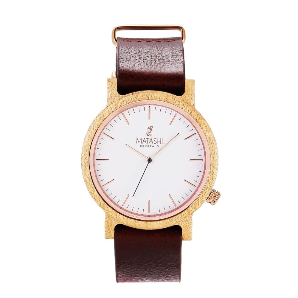 Matashi Mens and Womens Casual Wooden Wrist Watch with Brown Leather Strap  1ATM Water Resistant  Business or Travel Image 2