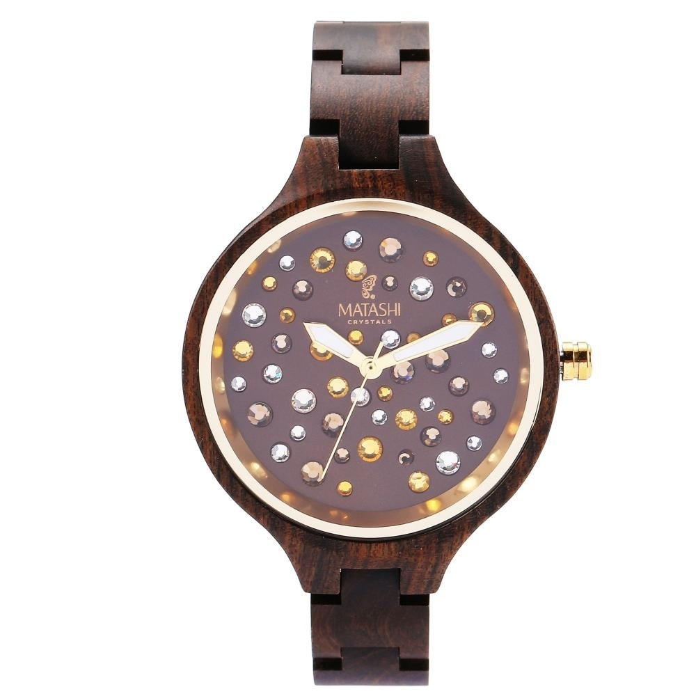 Matashi Womens Brown Salwood Watch with Crystals  Gold Bezel  Business Casual  Swiss Ronda Movement  1ATM Water Image 2