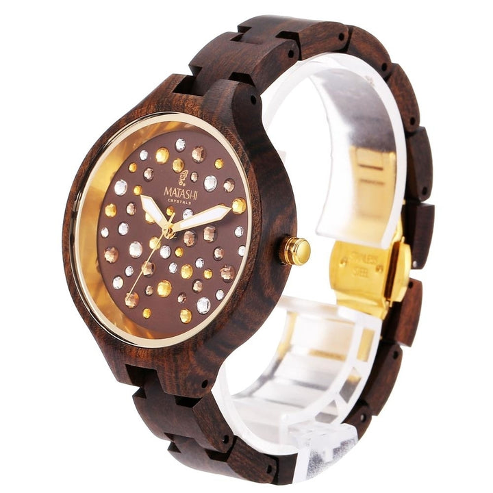 Matashi Womens Brown Salwood Watch with Crystals  Gold Bezel  Business Casual  Swiss Ronda Movement  1ATM Water Image 3