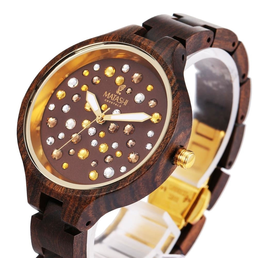 Matashi Womens Brown Salwood Watch with Crystals  Gold Bezel  Business Casual  Swiss Ronda Movement  1ATM Water Image 4