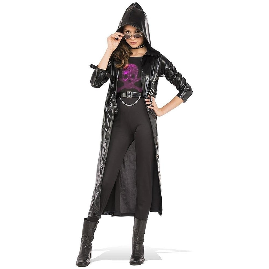 Black Goth Coat Set Girl Size S 0/2 Costume Belt Jumpsuit Hooded Rubies Image 1