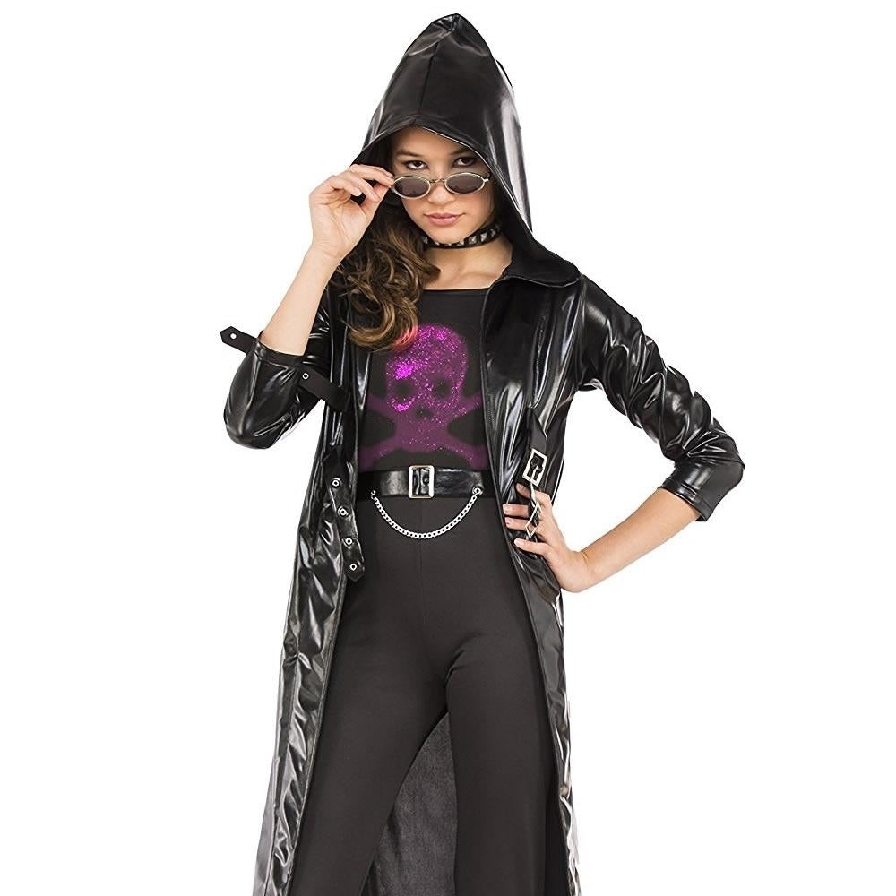 Black Goth Coat Set Girl Size S 0/2 Costume Belt Jumpsuit Hooded Rubies Image 2