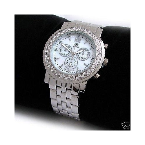 Silver 3D Geneva Crystal Bezel Womens Bracelet Quartz Watch Image 1