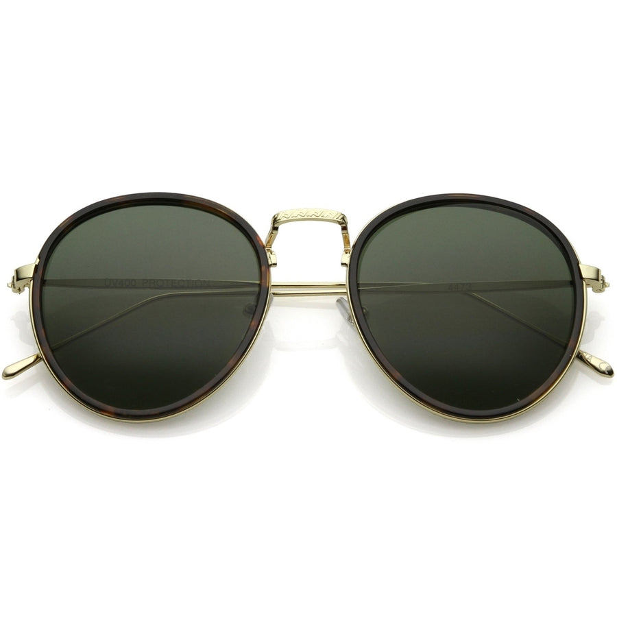 Modern Round Sunglasses Engraved Slim Metal Arms Neutral Color Flat Lens Image 1